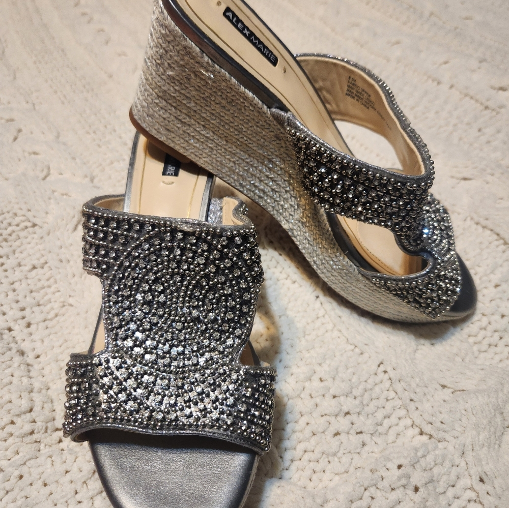 Alex Marie Lucilia Pewter  Rhinestone Dress Sandals Wedge Size 8 1/2 M